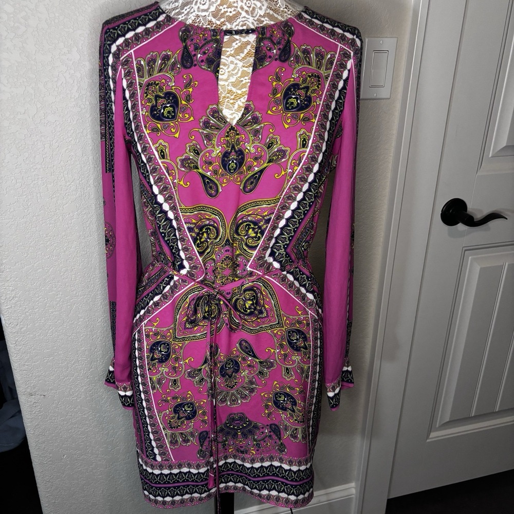 BCBG Max Azria‎ Dress "FREYA" Pink Paisley Sz S Long Sleeve Short Party Dress
